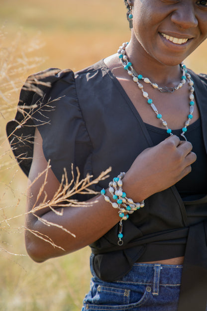 Turquoise & Ethiopian prayer bead snare bracelet & necklace