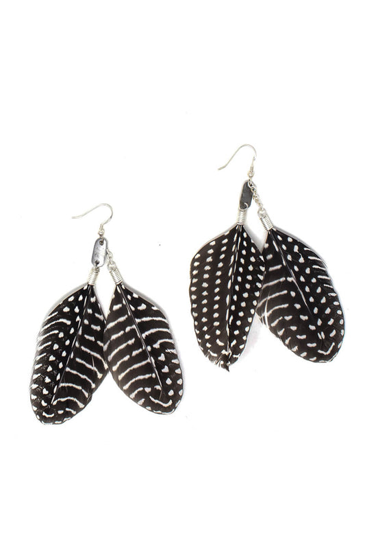 Guinea fowl feather and snare bead earrings